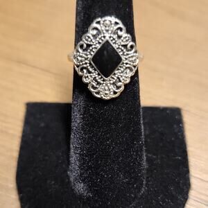 Vintage Silver and Black Faux Onyx Ring with Intricate Filigree